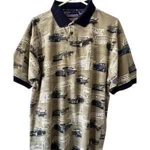 Island 2‎ Island Men's Polo Shirt Classic Cars Drive-In Tan & Black Size L